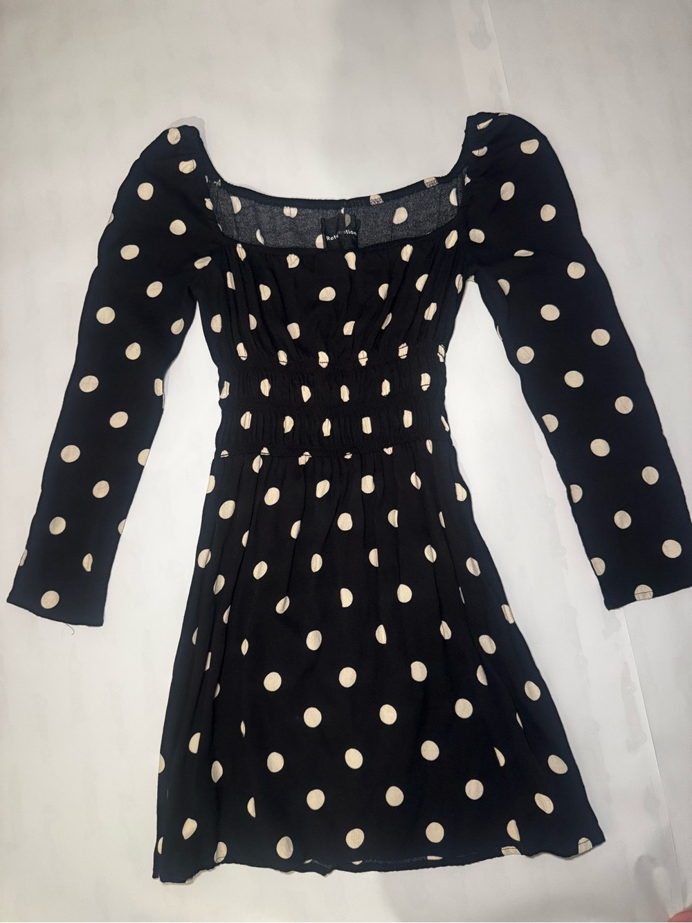 Reformation Black Polka Dot Long-Sleeve Smocked Mini Dress